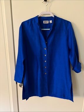 Chico's Blue Button-Front silk Mandarin Collar Tunic